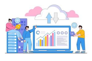 Flat business technology cloud computing service concept. Administrator and developer team connecting datacenter storage server. Outline design style minimal vector illustration