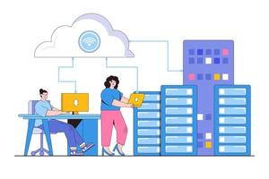 Flat business technology cloud computing service concept. Administrator and developer team connecting datacenter storage server. Outline design style minimal vector illustration