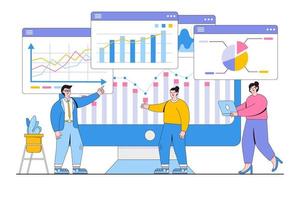 Flat business team meeting working to planning, analysing, and monitoring presentation on web report dashboard concept. Outline design style minimal vector illustration