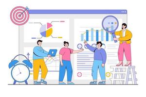 Flat business people team meeting working and planning for marketing analytics concept. Outline design style minimal vector illustration