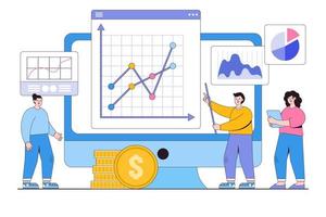 gente de negocios plana analizando y monitoreando el concepto de monitor de panel de informes de inversión financiera. ilustración de vector mínimo de estilo de diseño de esquema