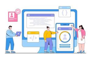 equipo de desarrolladores de negocios planos que trabajan en el concepto de monitor de dispositivo. ilustración de vector mínimo de estilo de diseño de esquema