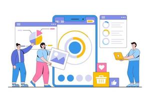 estrategia de marketing de redes sociales de negocios planos con concepto de equipo de desarrolladores. ilustración de vector mínimo de estilo de diseño de esquema