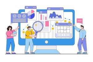 Flat business data analysis, research, planning and statistics concept. People working for monitoring web report dashboard and finance investment. Outline design style minimal vector illustration