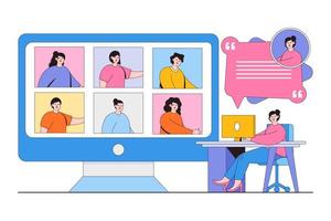 Flat business working from home and anywhere concept. People online video conference for meeting with remote technology. Outline design style minimal vector illustration