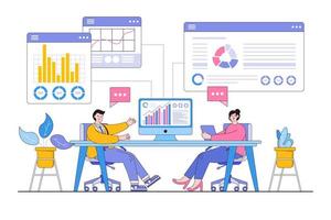 Flat business financial consultation and analyst concept. Investment planning on monitor report graph. Outline design style minimal vector illustration