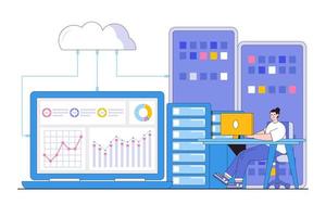 Flat business technology cloud server analysis data concept. Outline design style minimal vector illustration