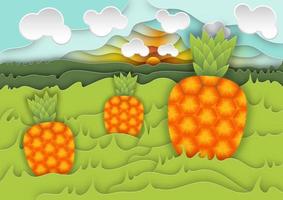 Pineapple on a green meadow, mountain range, sun, sky, and clouds, Paper cut Background vector. vector