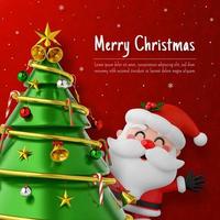 Christmas postcard of Santa Claus with Christmas tree on red background vector