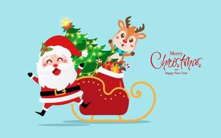 postal navideña de santa claus y renos con árbol de navidad en trineo, feliz navidad vector