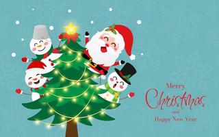 Christmas postcard of Santa Claus and snowman with Christmas tree, Merry Christmas vector