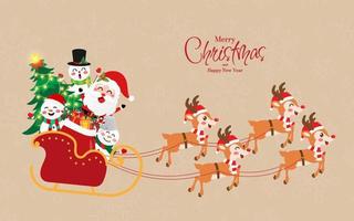 Christmas postcard of Santa Claus and snowman with Christmas tree on sleigh, Merry Christmas