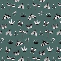 Seamless pattern with black and white butterflies, moths, dragonflies and botanical elements. Vector pattern in cartoon style. For clothing, fabric, wallpaper and all prints on a white background