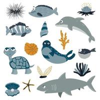 Sea animals on a white background. Cute and funny Inhabitants of the marine underwater world. Vector illustration on a white background.