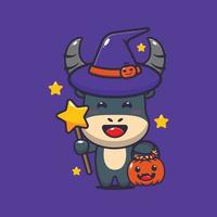 Cute witch buffalo in halloween day. Cute halloween cartoon illustration. vector
