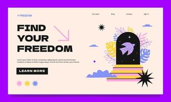 A modern futuristic landing page template with flying birds on the background of an arch with steps. Creative web design. vector