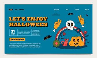 Halloween landing page template with different funny and scary characters. Trendy groovy outlined style. vector