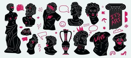 Strange stylized figures of Greek statues with doodle elements. Punk scratch collage. vector