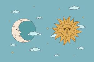 The sun and the moon in the sky. Magical illustration. vector