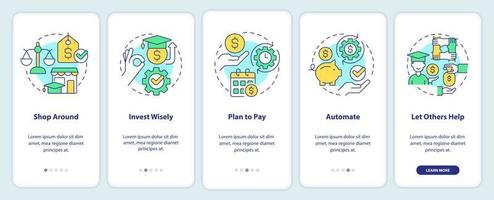 Saving for college tips onboarding mobile app screen. Funds walkthrough 5 steps editable graphic instructions with linear concepts. UI, UX, GUI template. vector