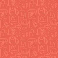 Internet shop abstract seamless pattern. Editable vector shapes on orange background. Trendy texture with cartoon color icons. Design with graphic elements for interior, fabric, website decoration