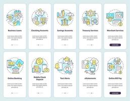 conjunto de pantalla de aplicaciones móviles de incorporación de banca comercial y digitalización. tutorial 5 pasos instrucciones gráficas editables con conceptos lineales. interfaz de usuario, ux, plantilla de interfaz gráfica de usuario. vector