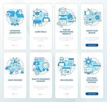 desarrollador de software profesión conjunto de pantalla de aplicación móvil de incorporación azul. tutorial 5 pasos instrucciones gráficas editables con conceptos lineales. interfaz de usuario, ux, plantilla de interfaz gráfica de usuario. vector