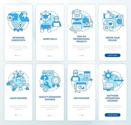 Software developer profession blue onboarding mobile app screen set. Walkthrough 5 steps editable graphic instructions with linear concepts. UI, UX, GUI template.