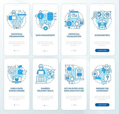 Data management expert blue onboarding mobile app screen set. Walkthrough 4 steps editable graphic instructions with linear concepts. UI, UX, GUI template.