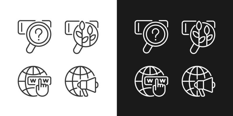 Search engine marketing pixel perfect linear icons set for dark, light mode. Web queries. Natural SEO. Global promotion. Thin line symbols for night, day theme. Isolated illustrations. Editable stroke