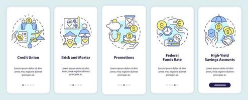 Savings accounts onboarding mobile app screen. Banking service walkthrough 5 steps editable graphic instructions with linear concepts. UI, UX, GUI template. vector
