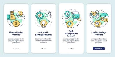 Saving accounts types onboarding mobile app screen. Financial services walkthrough 4 steps editable graphic instructions with linear concepts. UI, UX, GUI template. vector