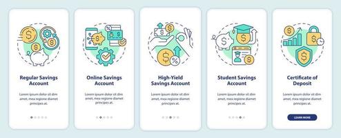 Types of saving accounts onboarding mobile app screen. Banking walkthrough 5 steps editable graphic instructions with linear concepts. UI, UX, GUI template. vector