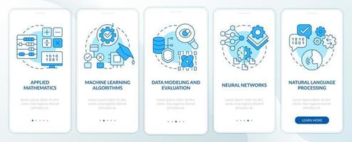 habilidades de ingeniero de aprendizaje automático pantalla de aplicación móvil de incorporación azul. tutorial 5 pasos instrucciones gráficas editables con conceptos lineales. interfaz de usuario, ux, plantilla de interfaz gráfica de usuario. vector