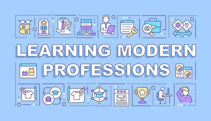 Learning modern professions word concepts blue banner. Infographics with editable icons on color background. Isolated typography. Vector illustration with text.