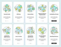 Choosing credit union and bank onboarding mobile app screen set. Walkthrough 5 steps editable graphic instructions with linear concepts. UI, UX, GUI template. vector