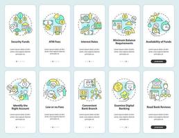 Choosing credit union and bank onboarding mobile app screen set. Walkthrough 5 steps editable graphic instructions with linear concepts. UI, UX, GUI template. vector