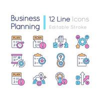 Business planning RGB color icons set. Developing strategy for corporate growth. Isolated vector illustrations. Simple filled line drawings collection. Editable stroke.