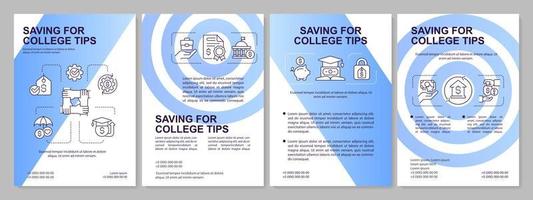 Saving finances for college tips blue brochure template. Leaflet design with linear icons. Editable 4 vector layouts for presentation, annual reports.