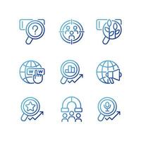 Target market analysis pixel perfect gradient linear vector icons set. Customers attracting. Worldwide marketing. Thin line contour symbol designs bundle. Isolated outline illustrations collection