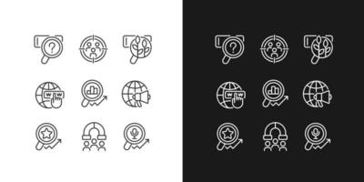 Target market analysis pixel perfect linear icons set for dark, light mode. Customers attracting. Worldwide marketing. Thin line symbols for night, day theme. Isolated illustrations. Editable stroke vector