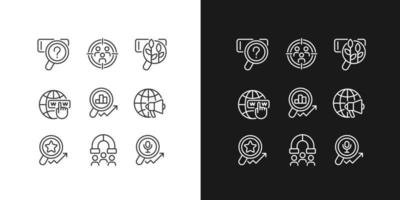 Target market analysis pixel perfect linear icons set for dark, light mode. Customers attracting. Worldwide marketing. Thin line symbols for night, day theme. Isolated illustrations. Editable stroke vector