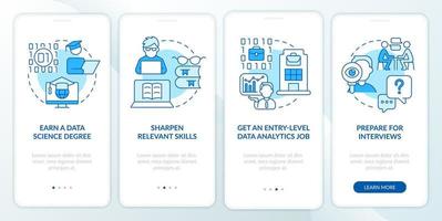 Becoming data scientist blue onboarding mobile app screen. Walkthrough 4 steps editable graphic instructions with linear concepts. UI, UX, GUI template. vector