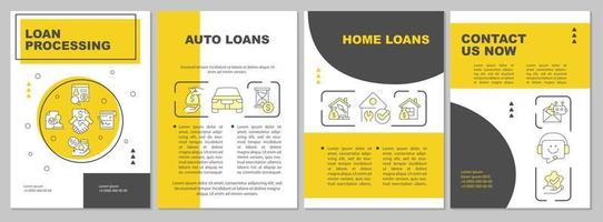 plantilla de folleto amarillo de préstamos bancarios. ayuda financiera. diseño de folletos con iconos lineales. 4 diseños vectoriales editables para presentación, informes anuales. vector