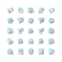 Feedback and marketing pixel perfect gradient linear vector icons set. Advertising optimization. Customer engagement. Thin line contour symbol designs bundle. Isolated outline illustrations collection