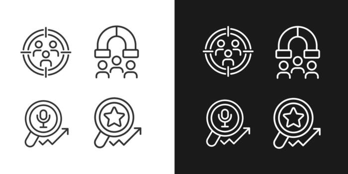 Audience research and analysis pixel perfect linear icons set for dark, light mode. Customer segmentation. Voice search. Thin line symbols for night, day theme. Isolated illustrations. Editable stroke vector