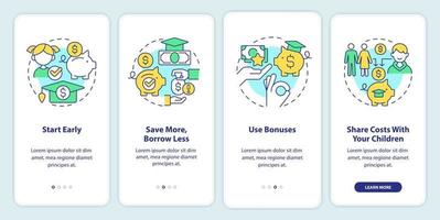 Tips for saving for college onboarding mobile app screen. Education walkthrough 4 steps editable graphic instructions with linear concepts. UI, UX, GUI template. vector