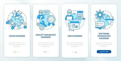 caminos del ingeniero de software pantalla azul de la aplicación móvil de incorporación. tutorial 4 pasos instrucciones gráficas editables con conceptos lineales. interfaz de usuario, ux, plantilla de interfaz gráfica de usuario. vector