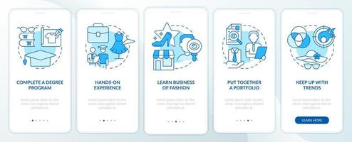 Becoming fashion designer blue onboarding mobile app screen. Walkthrough 5 steps editable graphic instructions with linear concepts. UI, UX, GUI template. vector