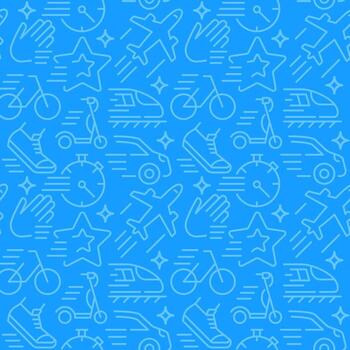 Travel activity abstract seamless pattern. Editable vector shapes on blue background. Trendy texture with cartoon color icons. Design with graphic elements for interior, fabric, website decoration